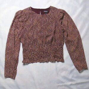 EXPRESS womens SHIRT burgundy TAN top SHEER gold CROPPED blouse SIZE M